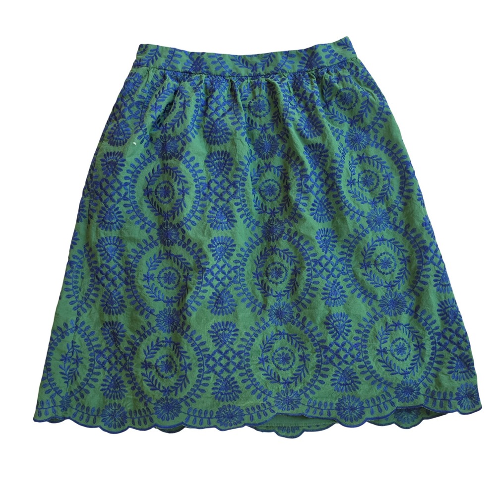 Talbots Petite Green Blue Embroidered Scalloped Hem A-Line Skirt Cotton Size 10P - Picture 2 of 8